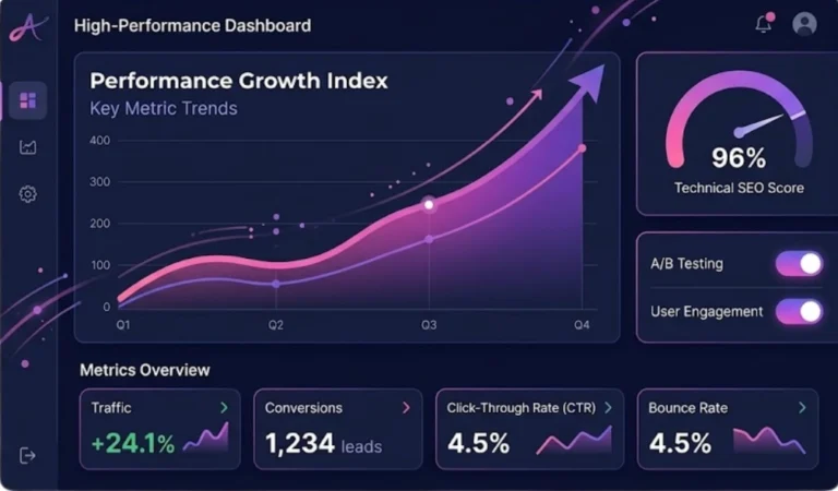 Alenius high-performance dashboard showing a 96% technical SEO score and positive growth trends in traffic, conversions, and user engagement.